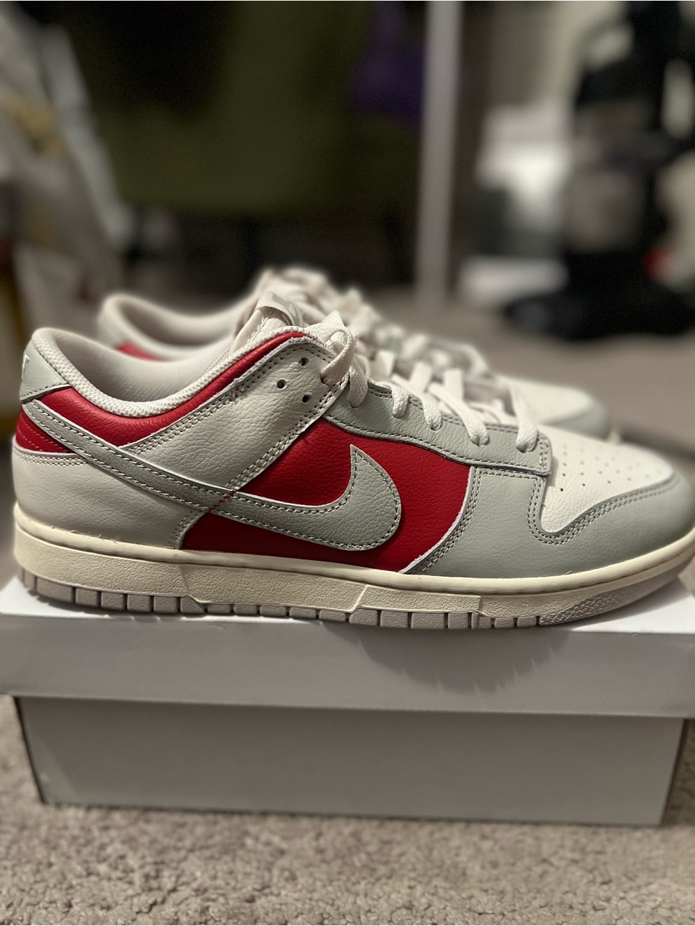 Nike Men’s Low-Top Dunks in Light Gray and Red